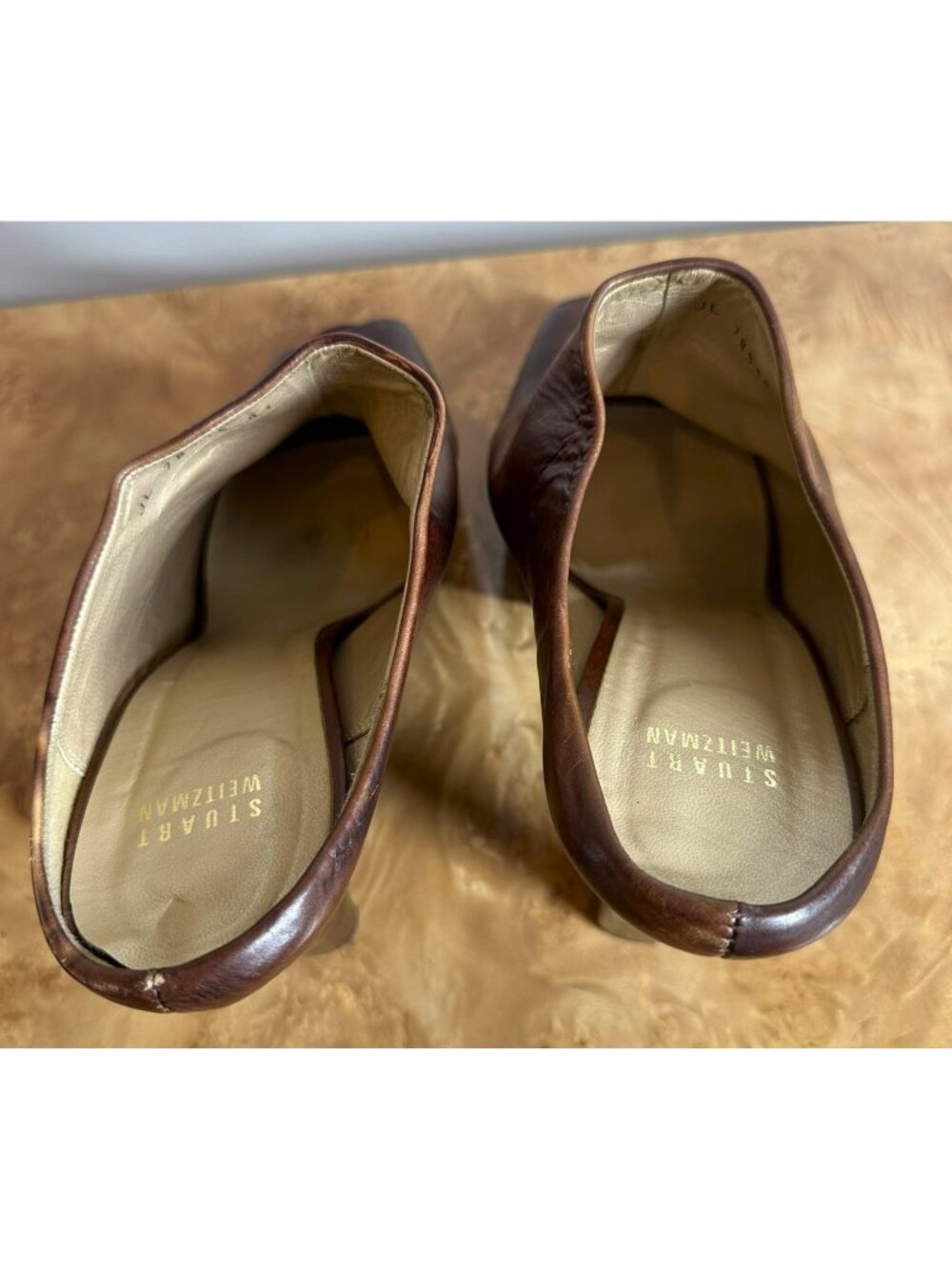 Stuart Weitzman Distressed Brown Leather Peep Toe Mules Size 41 Y2K High Heel - Picture 7 of 9